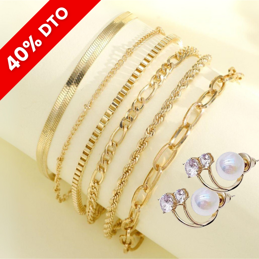 Set 6 Pulseras Doradas + Aretas de Perla